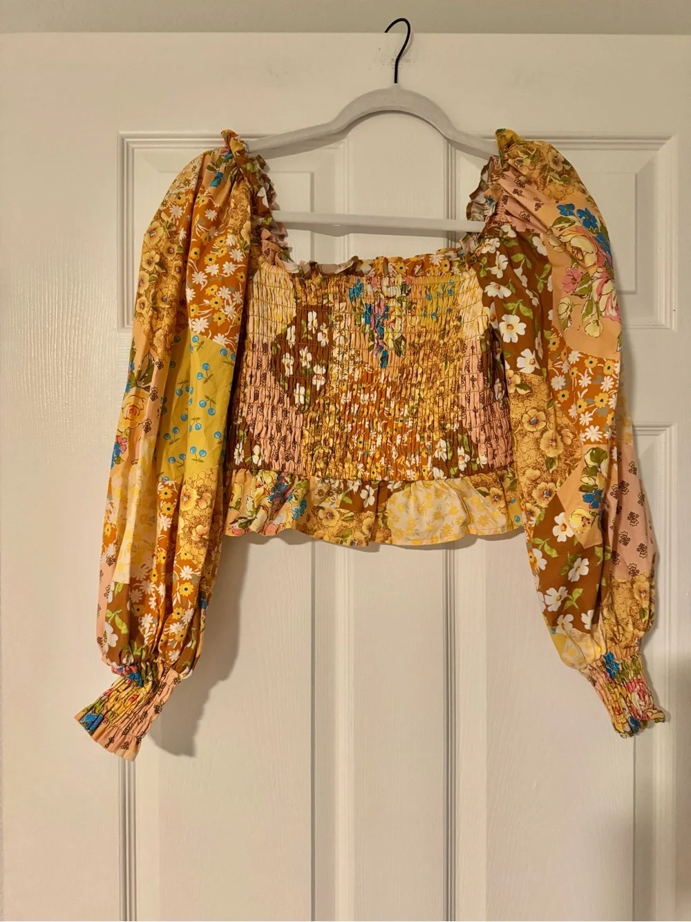 Spell & The Gypsy Freda Shirred Blouse Amber Patchwork Crop Top S